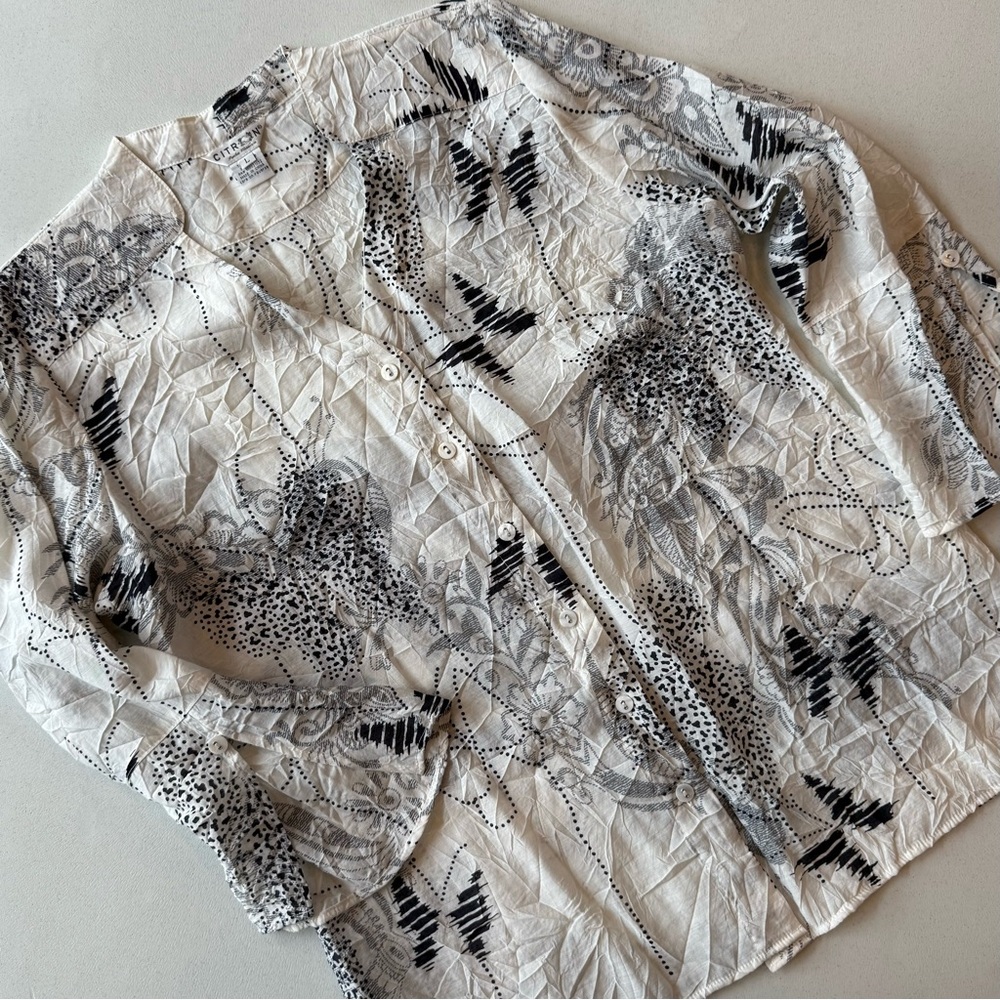 Citron Santa Monica Women’s L Bamboo Nylon Blouse 3/4 Sleeve V Neck White Black